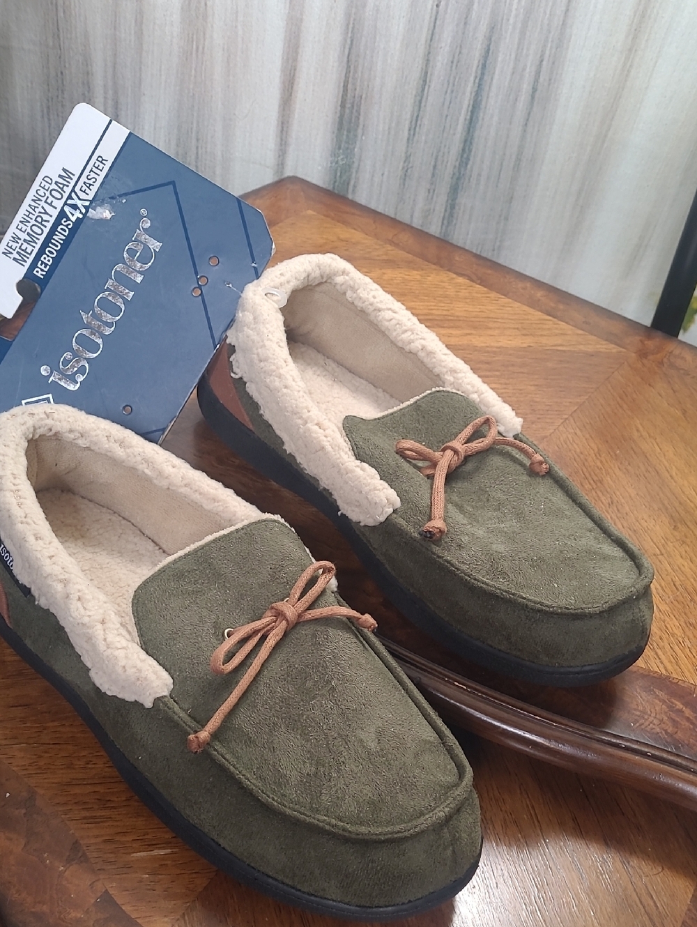 New! Isotoner Vincent Green Suede Moccasin Slippers Mens XL 11-12 indoor outdoor